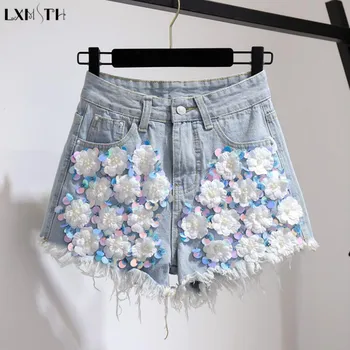 

LXMSTH Summer Women Shorts High Waisted 3D Flowers Embroidery Beading Heavy Sequins Shorts Fashion Loose Wide Leg short feminino