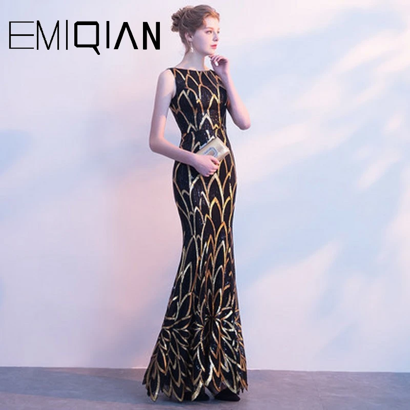 

Designer Mermaid Formal Prom Party Dress Black and Gold Sequin Evening Dresses Vestido de festa