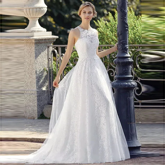 

Sexy Halter Neck Backelss Wedding Dress Robe de mariee Vintage Lace Tulle Bridal Dress Elegant Plus Size Wedding Gown