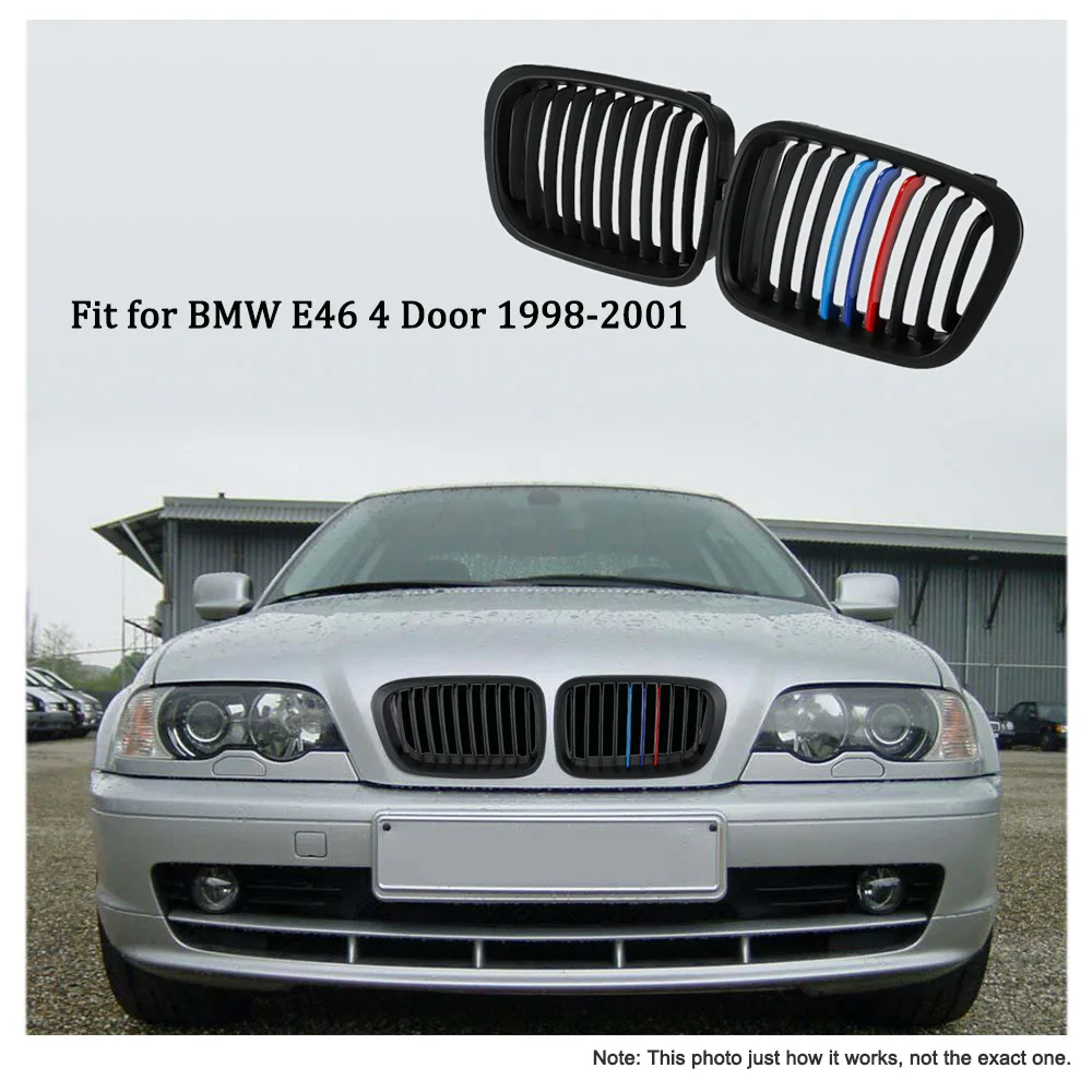 

One Pair Matt Black Front Kidney Grille M Style Grill with Red Blue & Dark Blue Color Decoration for BMW E46 4 Door 98-01