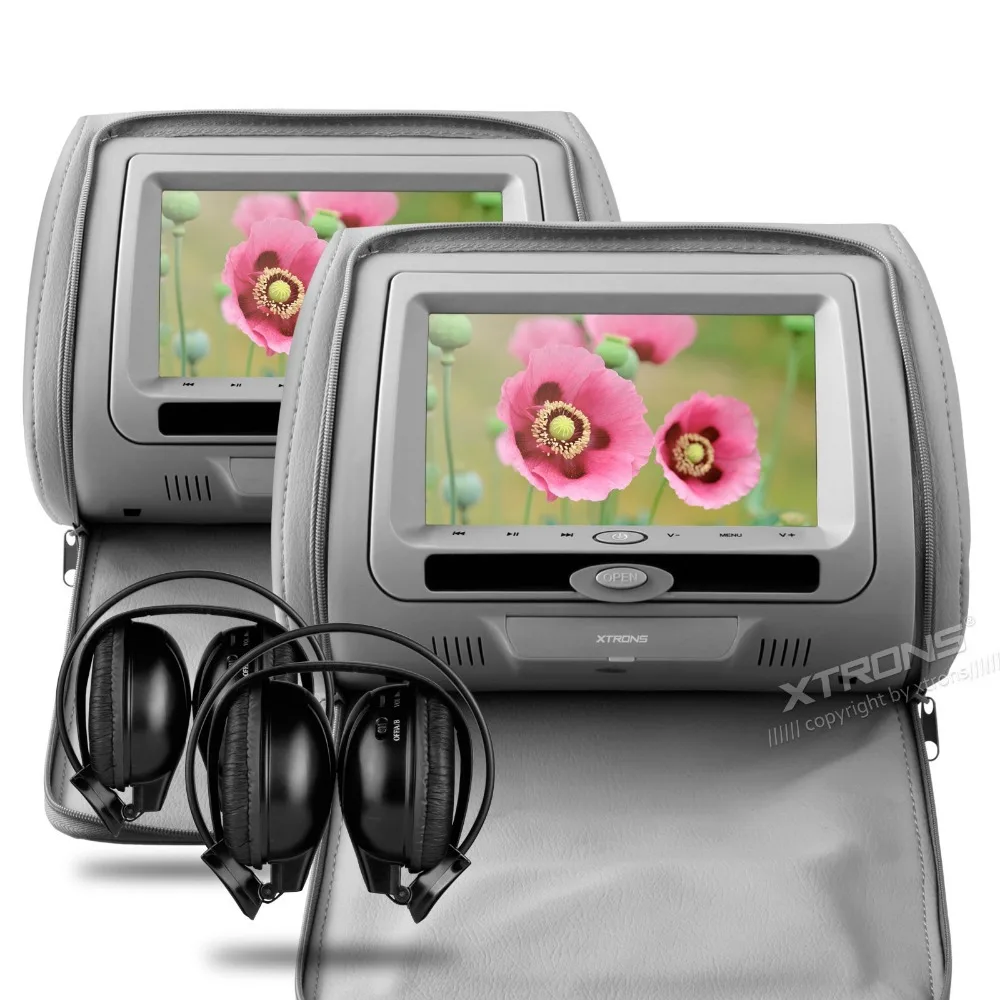 Perfect 2x7" Grey Headrest Car Monitor with DVD Function & USB SD FM Transmitter IR Transmitter & 2 IR Headphones (Black&Beige Optional) 1