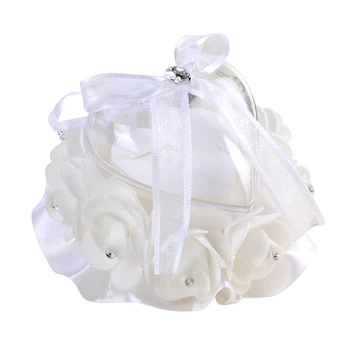 

Milk White Rose Flower Bow Big Heart Shaped Clear Plastic Ring Box Pillow Cushion Valentine's Day Gift Bridal Wedding Decoration