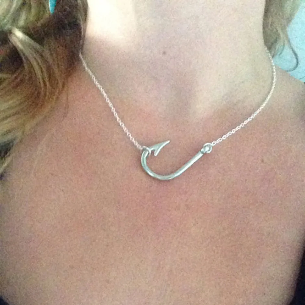 Silver Plated Fish Hook Pendant Necklace For Women Men Choker Necklace