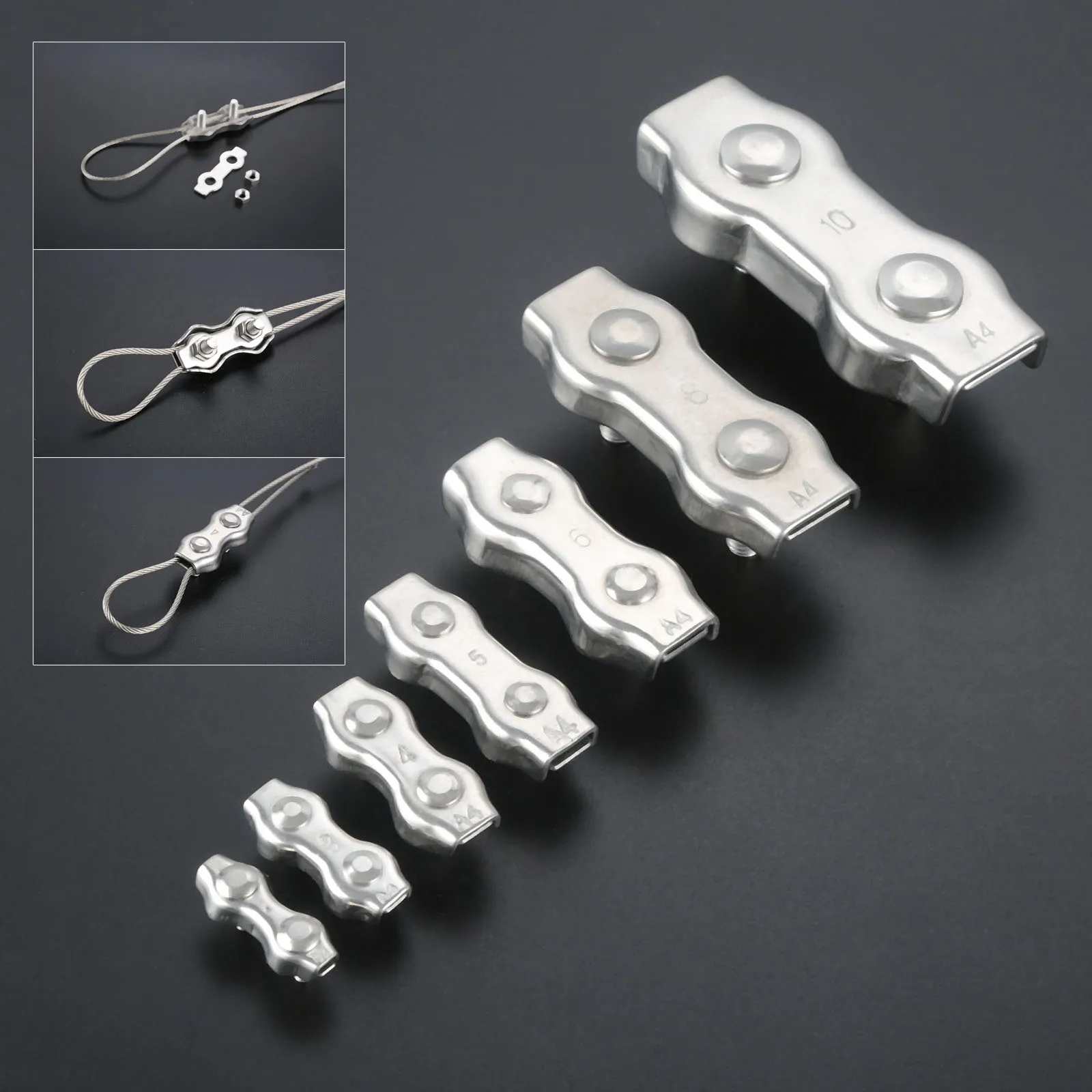 

4pcs 2mm 3mm 4mm 5mm 6mm 8mm 10mm Duplex Rigging Wire Rope Clip Cable Grip Clamps Caliper Chuck Marine Hoisting Boat Accessories