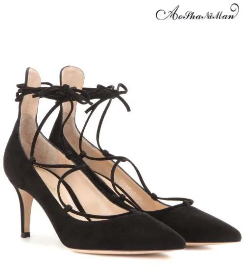 

2017 Newest spring shoes women black suede leather mid high heels 6cm Fashion pointed toe cross-tied dress shoes pumps 34-41