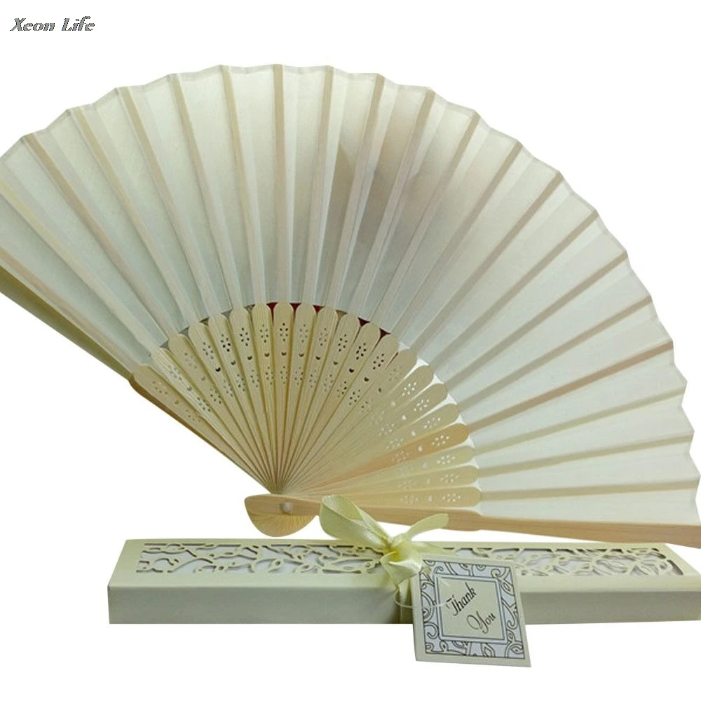 

ISHOWTIENDA 1PC Bridal Chinese Bamboo Silk Hand Fan Wedding Favors Guests Gifts & Gift Box With Ribbon And Tag