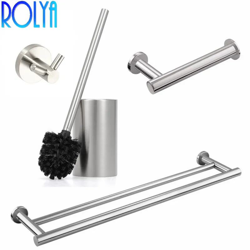 

Rolya Wholesale New Nickel Brushed 304 SUS Stainless Steel Robe Hook Towel Bar Rail Toilet Brush Holder Bathroom Accessory Sets