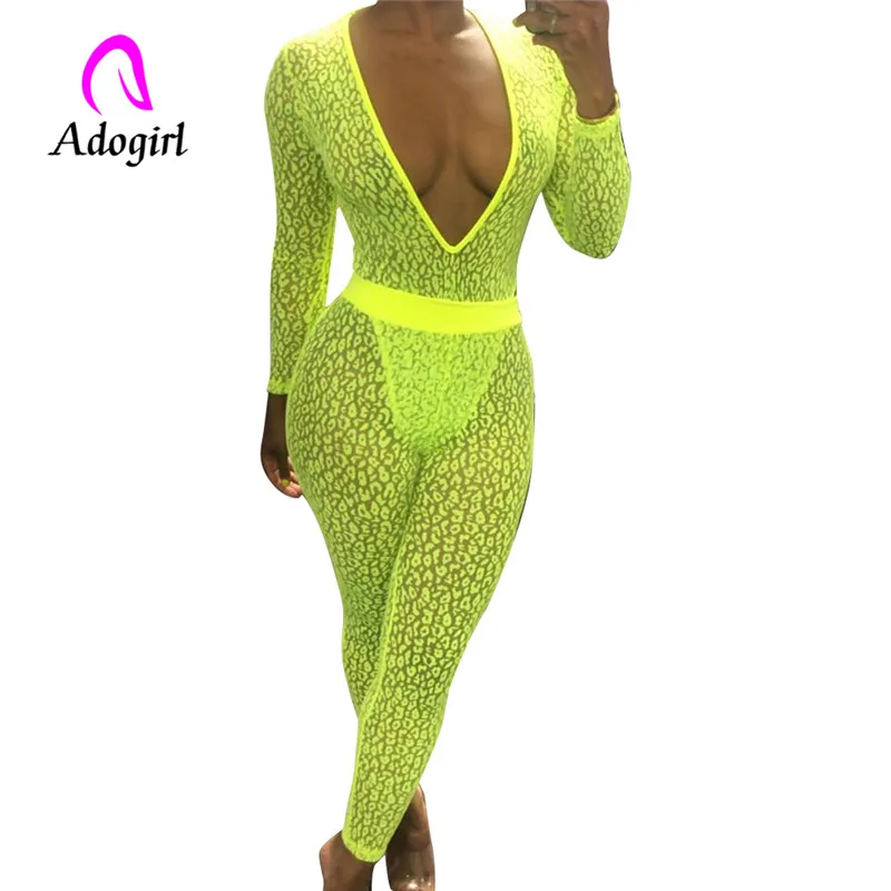 

Adogirl sexy deep v neck fluorescent long sleeve jumpsuits high elastic night club bodysuits skinny pants high waist playsuit