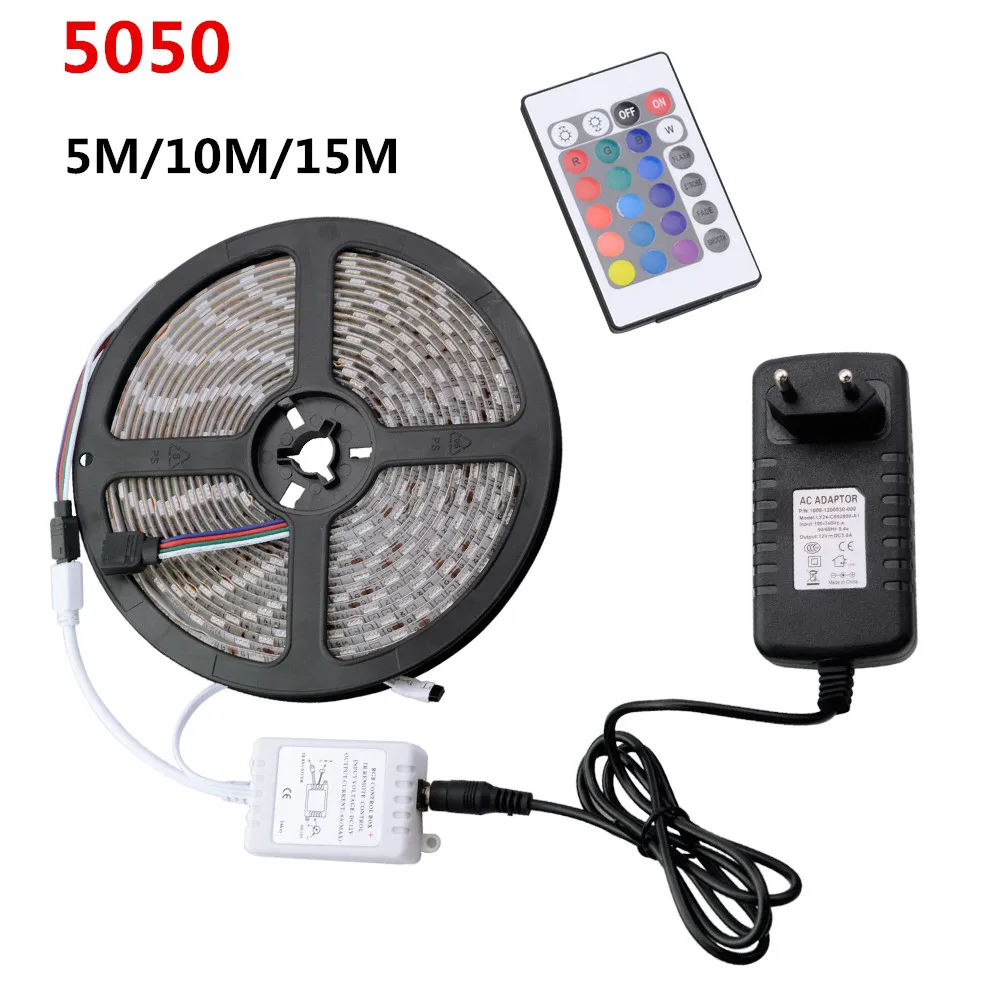 

5M 10M 15M Led Strip Light SMD5050 RGB Flexible Ribbon Fairy Xmas Light +Power Adapter + Remote Controller IP20 IP65 Whole Set