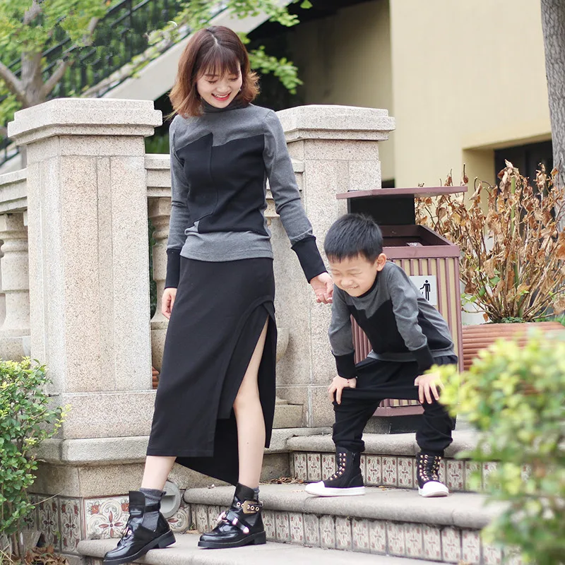 

Mother Patchwork T-shirt+Double Knit Slim Hip skirt Sets Family Vestidos Boys Colorant Match T-shirt +Hanging Crotch Pants Sets