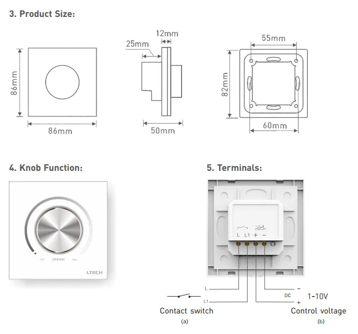 Светодиодный диммер 1-10 В, переменный ток, 90-250 В, высоковольтный вход, 5А, переключение мощности, ручная ручка, панель, настенное крепление, 1-10 в диммер, контроллер