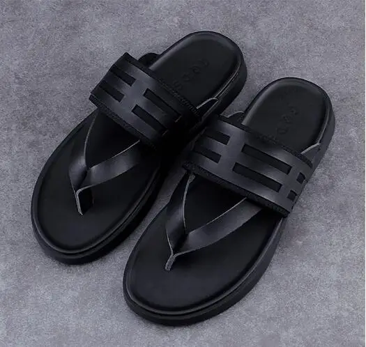 

Soft leather Flip flops Flat hee Black Mens Summer Beach Sandals Male Gladiators Flat heel Slippers