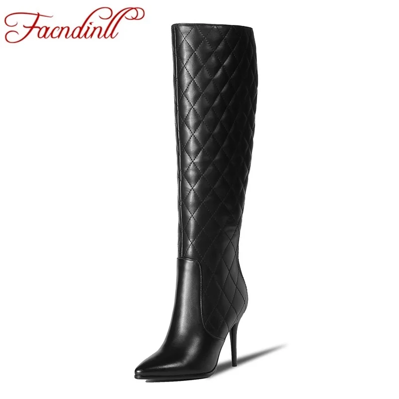

FACNDINLL new fashion women long boots genuine cow leather pointed toe shoes woman sexy high thin heels women knee high boots