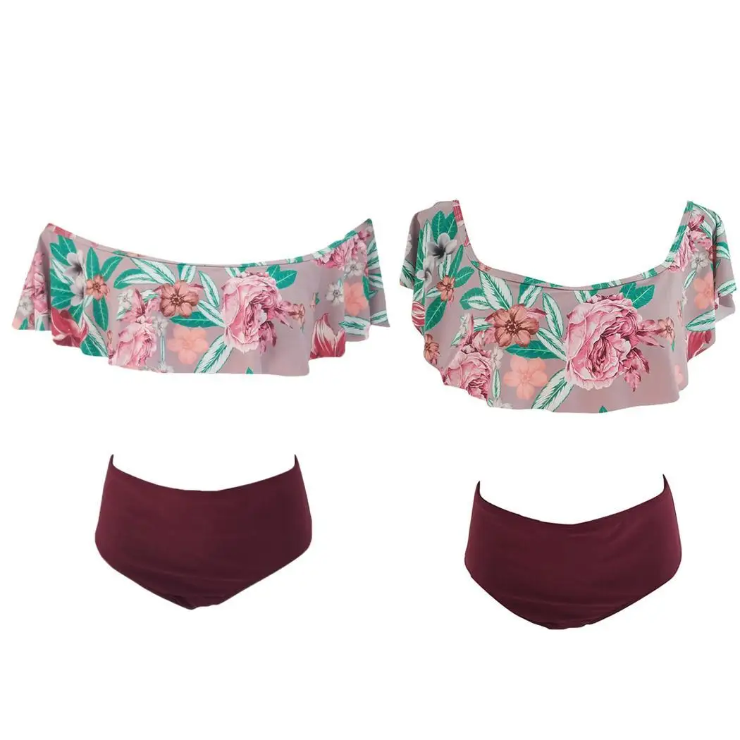 

Women Floral Slash Neck Off Shoulder Ruffles Sleeve Pullover Split Swimsuit Slim Suit Summer Swimming Wear