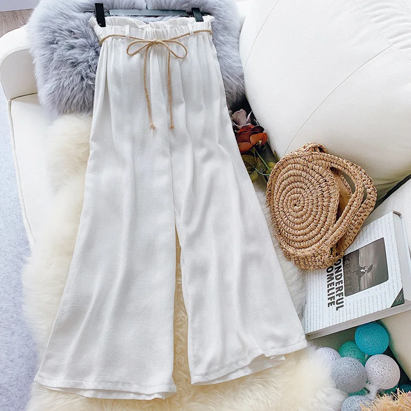 

Wasteheart New Spring Women Fashion Linen Black Khaki Long Loose Pants Wide Leg Pants High Waist Full Length Female Pants Tie