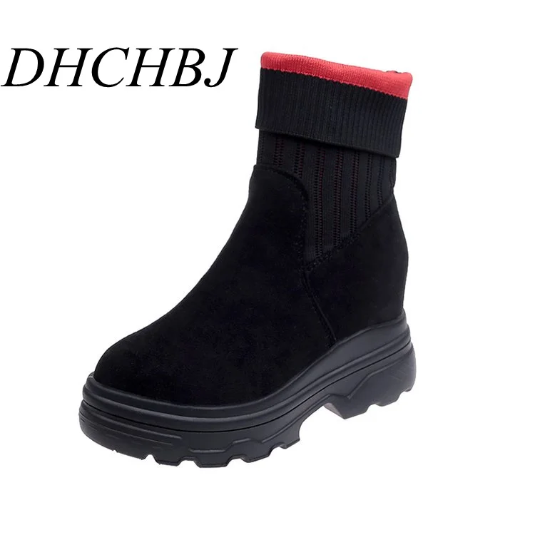 

2019 Autumn Ankle Boots Shoes Woman Casual Elevator Wedge Platform Sneakers Breathable Flock High Top Hidden Heels Ankle Boots