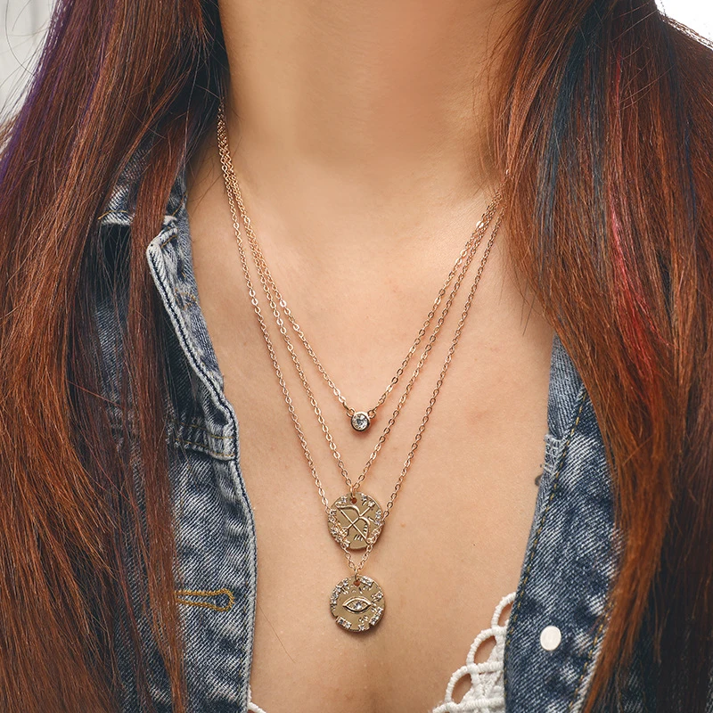 

BOAKO Boho Multi-layer Gold Chain Evil Eye&Arrow Pendant Necklace Women Fashion Charms Double Round Vintage Coin Necklace X7-M2