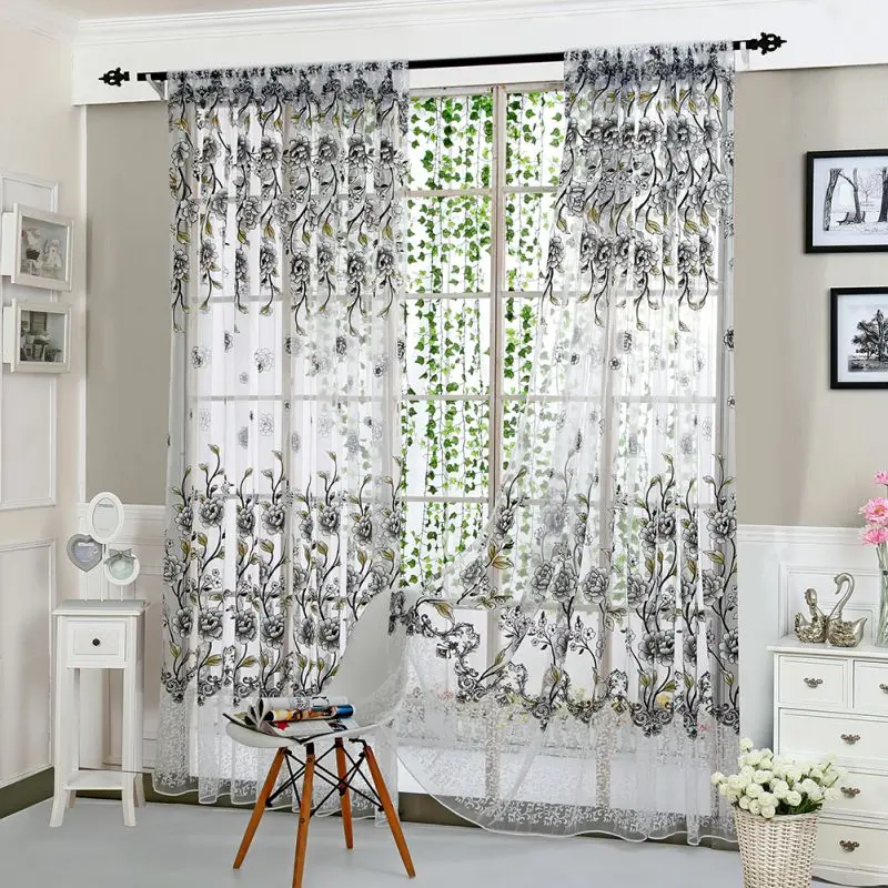 Flower Print Window Curtain Divider Tulle Voile Drape Panel Sheer Scarf Valances