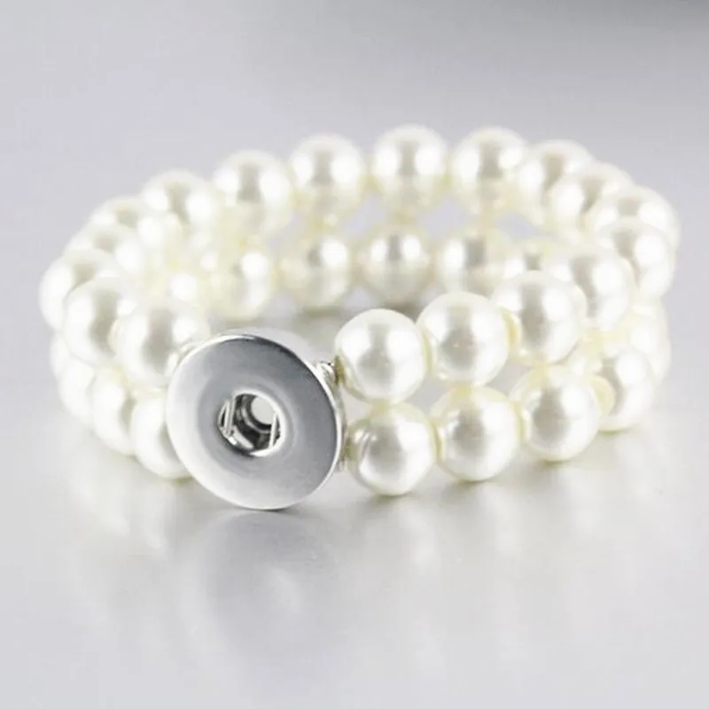 Double Layer White Imitation Pearl Bead Snap Button Bracelet&Bangles Handmade Elastic 18mm Snap