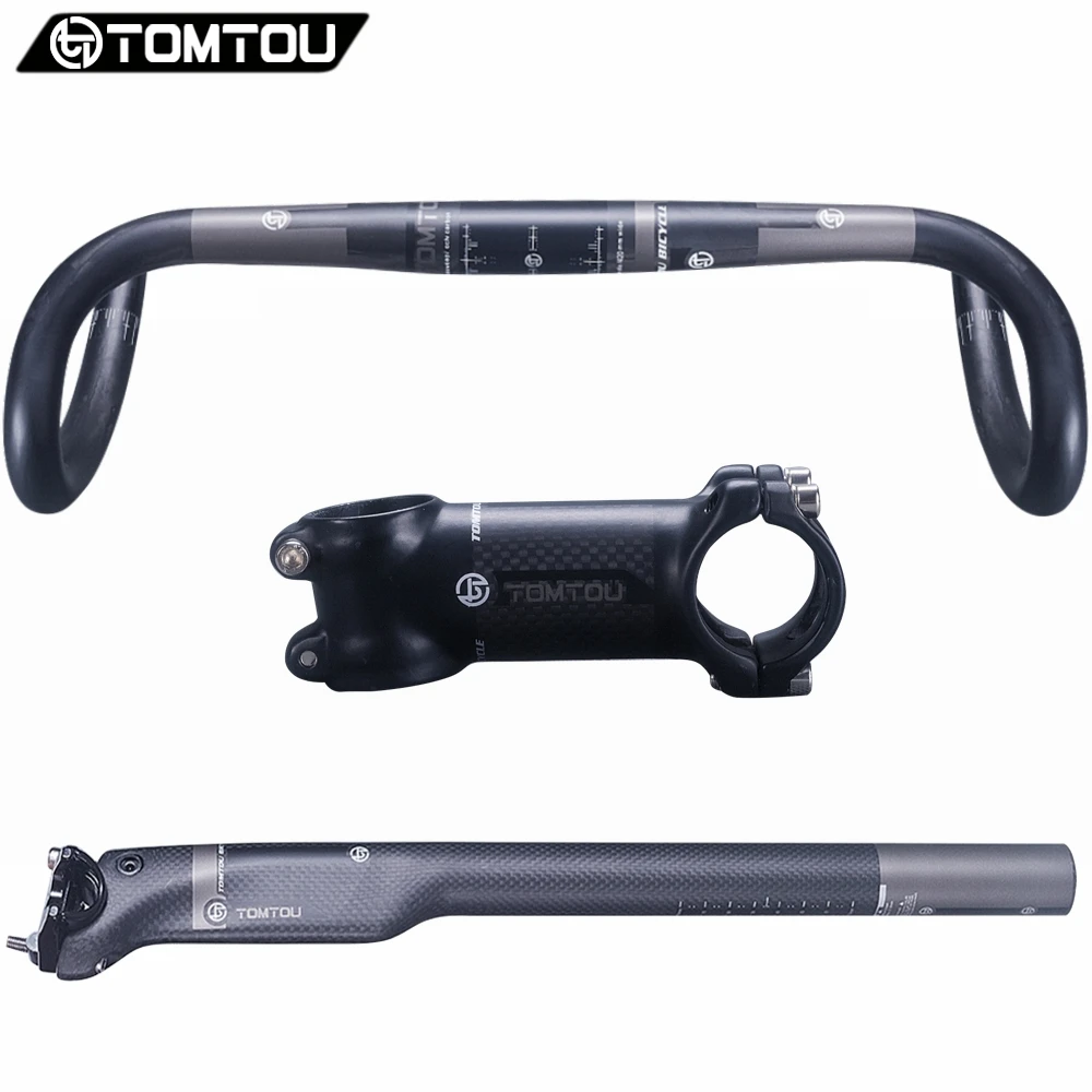 

TOMTOU Bicycle Handlebars Set Ultralight Matte Black Full Carbon Fiber Cycling Road Bent Bar + Seatpost + Stem - TX1T27