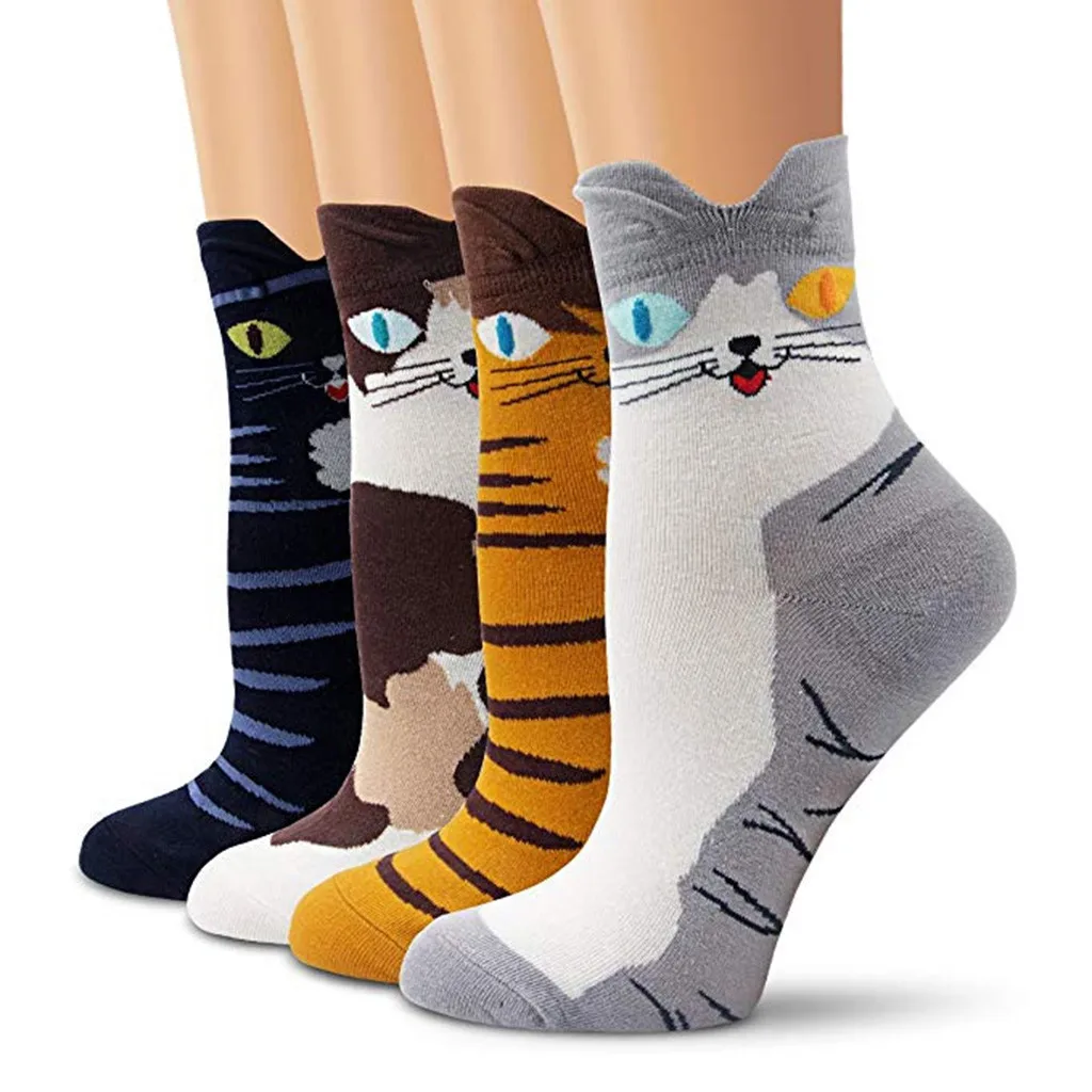 4PCS Women Students Funny Socks Cute Cartoon Fun Funky Cat Warm Ladies