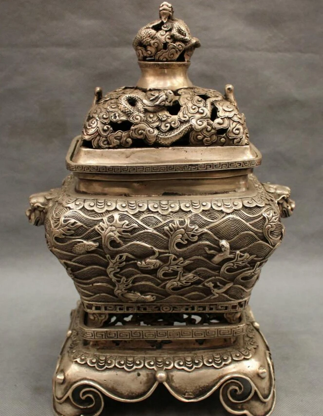 

USPS to USA S1499 13" Chinese Silver Dragon Unicorn Lion Head Statue Box Incense Burner Censer B0401