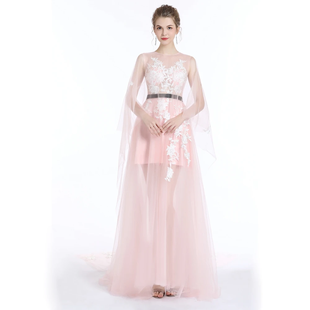 Распродажа, милое розовое кружевное вечернее платье, прозрачное, мягкое, Тюлевое, с аппликацией, с длинным хвостом, вечернее платье, торжественное платье, платье De Soiree