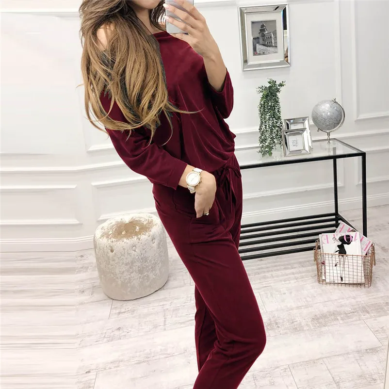Fashion Autumn Winter two piece set tracksuit for women for fall Casual Long Sleeve Solid Color Shirt Top + Pants Set N30 (11)