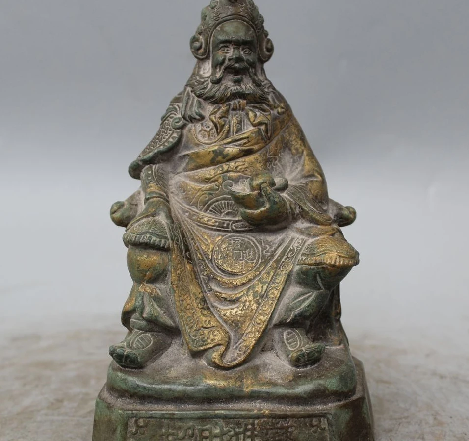 

7" Chinese Bronze Gild Stand Mammon Money Wealth God Yuan Bao Statue Sculpture