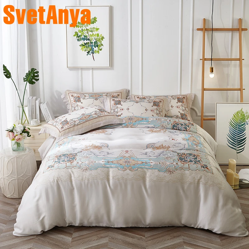 

Svetanya Artificial Silk Bedding Set Soft Print Bedlinen Queen Double King Size Bedsheet Pillowcases Duvet Cover Sets