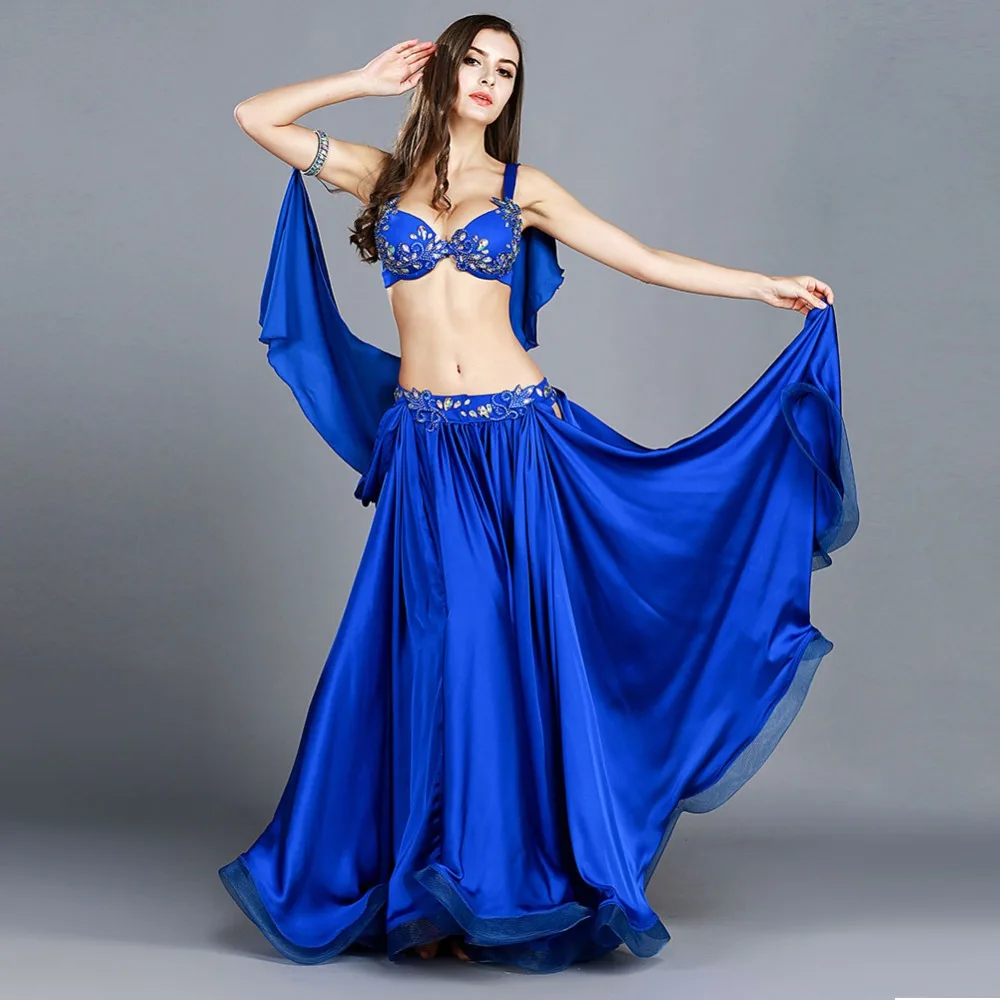 Новое поступление костюмы для танца живота дамские сексуальные элегантные атласные ткани набор костюма для танца живота: Топ и пояс и юбка- 8836