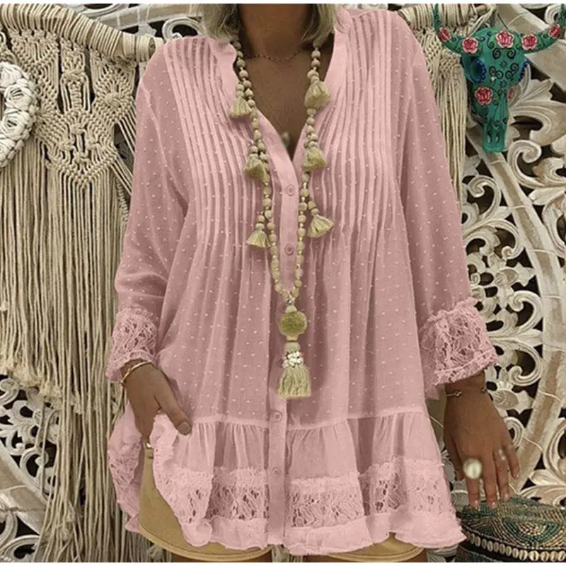 Fanbety Женская кружевная шифоновая рубашка в горошек, блузка, элегантная однотонная Свободная блуза с пышными рукавами, топы, летние блузы с v-образным вырезом 5XL