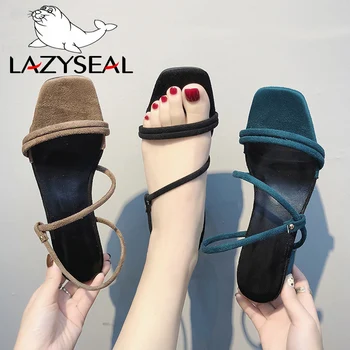 

LazySeal Shoes Women Sandals Suede Square Heels Peep Toe Buckle Strap High Quality Women's Fashion Summer Shoes Plus Big Size 44