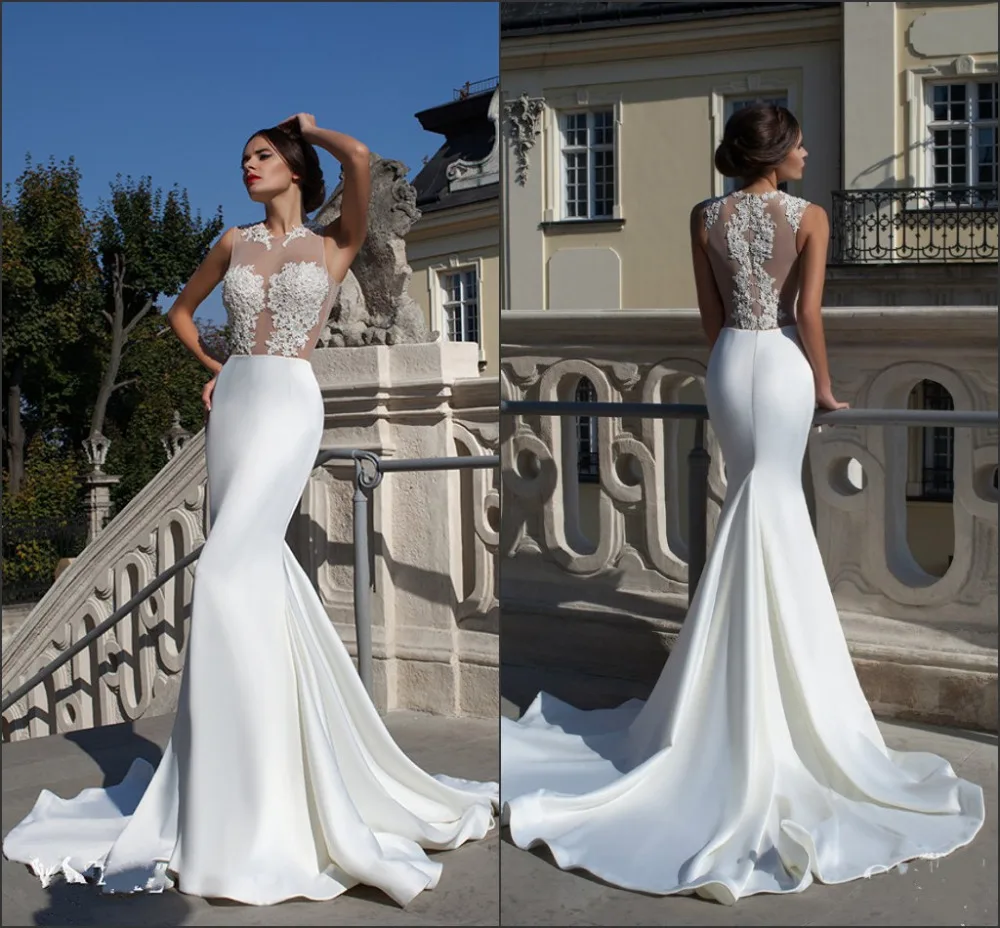 Vestido De Noiva Sexy 2016 White Lace Appliques Satin Women Mermaid
