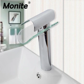 

Monite Solid Brass Waterfall Bathroom Faucet Glass Waterfall Wash Basin Mixer Tap Deck Mounted Single Handle Water Mixer Tap