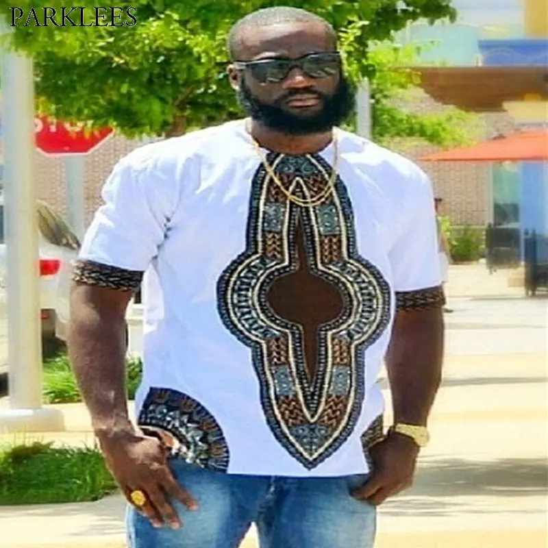 Men's African Print White Dashiki T shirt Short Sleeve O Neck Fashion T