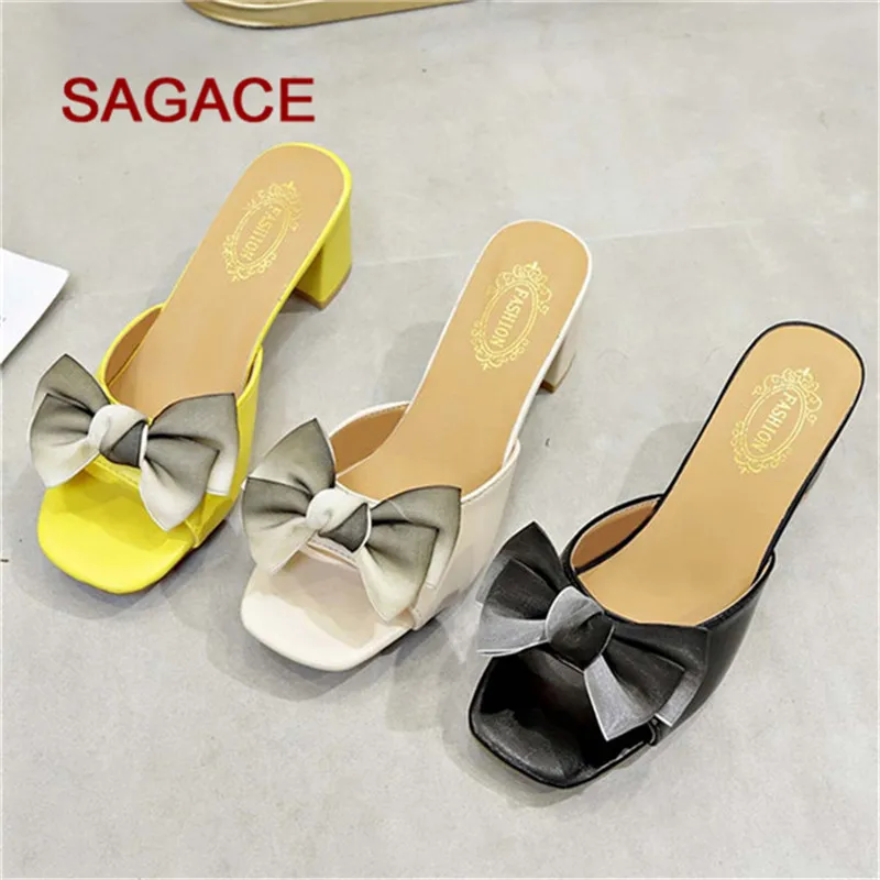 

SAGACE Sandals Women Butterfly-Knot Square Heel Slippers Open-Toe Slippers Rough Med Heels Summer Slip-On Sandals Shoes