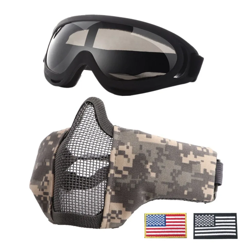 

Airsoft Masks Half Metal Steel Mesh Face Mask And UV400 Goggles+Armband Set For Tactical Hunting Paintball ACU Color