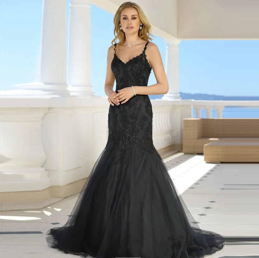 

Vintage Black Mermaid Wedding Dresses 2019 Sweetheart Spaghetti Straps Backless Train Bride Dress robe de soire vestido de noiva