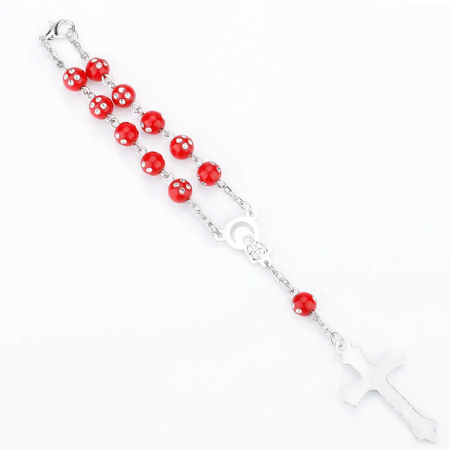 Colorful Beads Catholic Rosary Bracelet Blue Red Color Auto Rosary Car Rosary INRI Cross Mary Charms Lobster Clasp