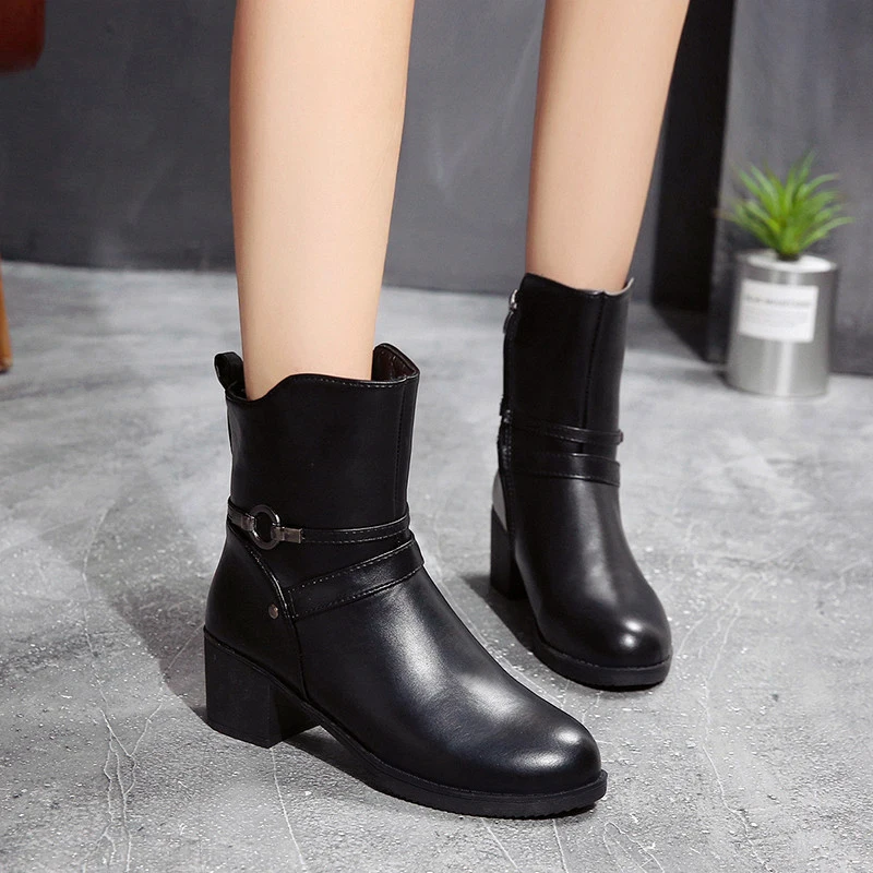 

Luxury Women Boots PU Leather Shoes Platform Thick Heels Round Toe Boots Female Fashion Zipper Mesh Ladies Shoe Zapatos De Mujer