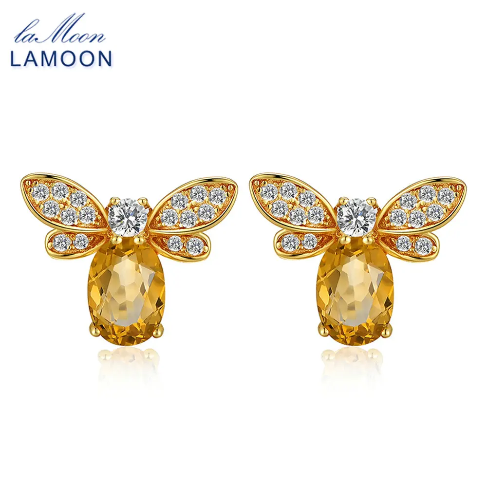 LAMOON Stud Earrings 925 sterling-silver-jewelry Fine Jewelry Bee 1ct 100% Natural Citrine Yellow Fashion Amber Animal Earring