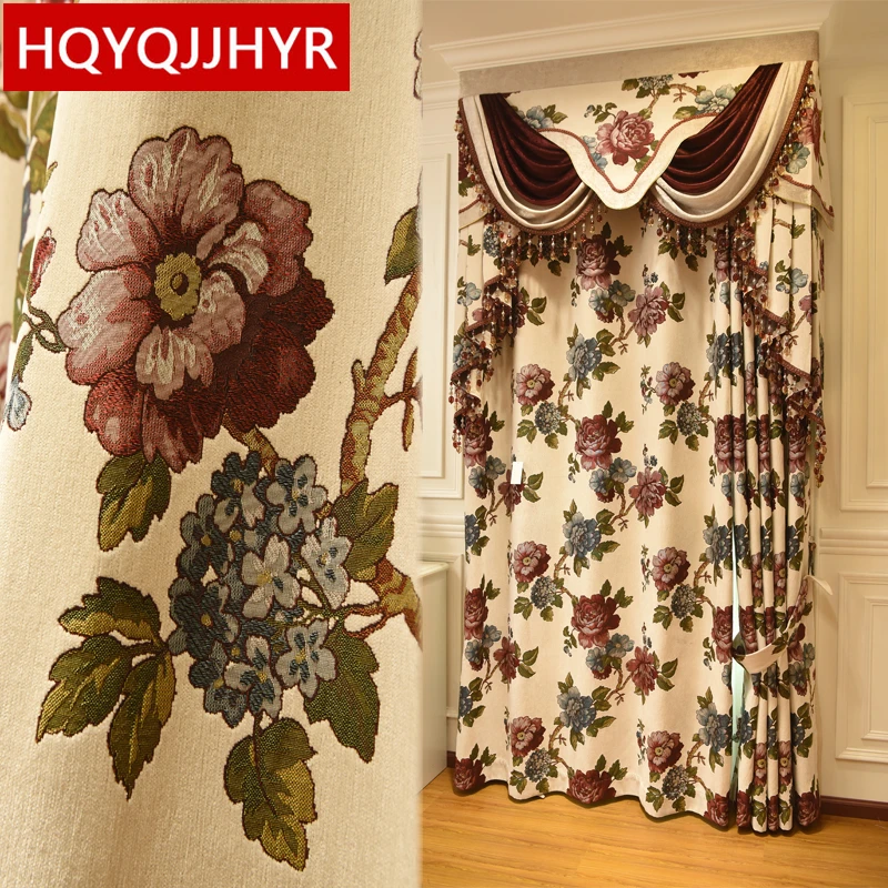 

European top luxury beige villa jacquard floral curtains for living room windows high quality elegant curtain for hotel bedrooms