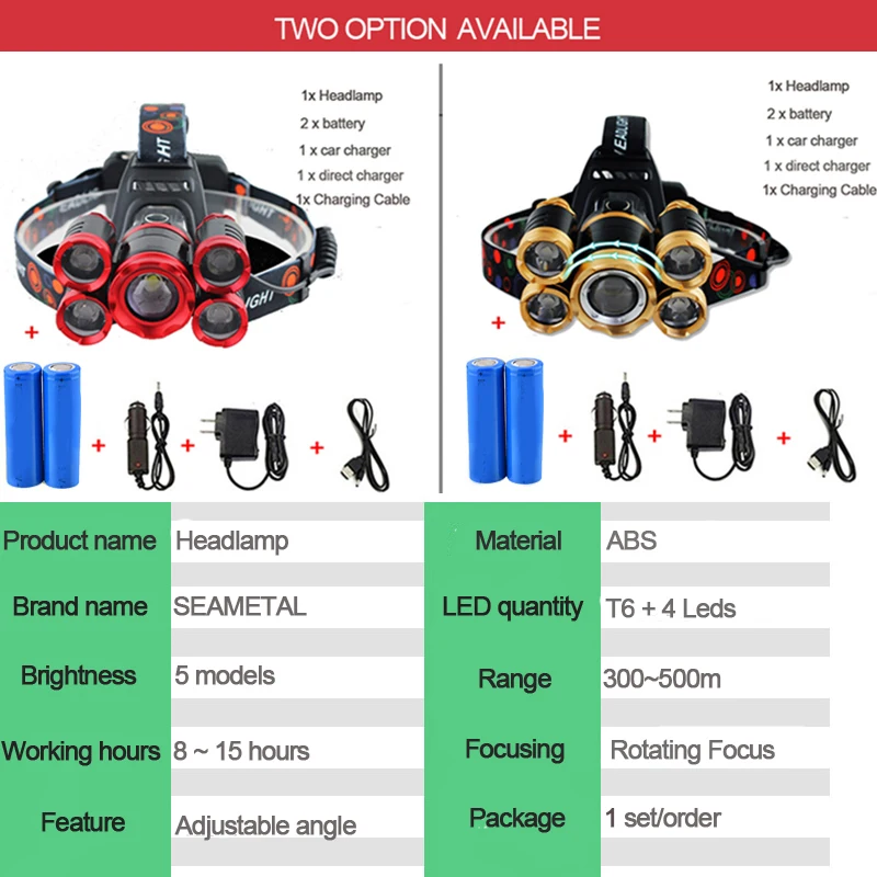 Светодиодный налобный фонарь 5 светодиодный T6 XPE 50000 люмен Головной для рыбалки