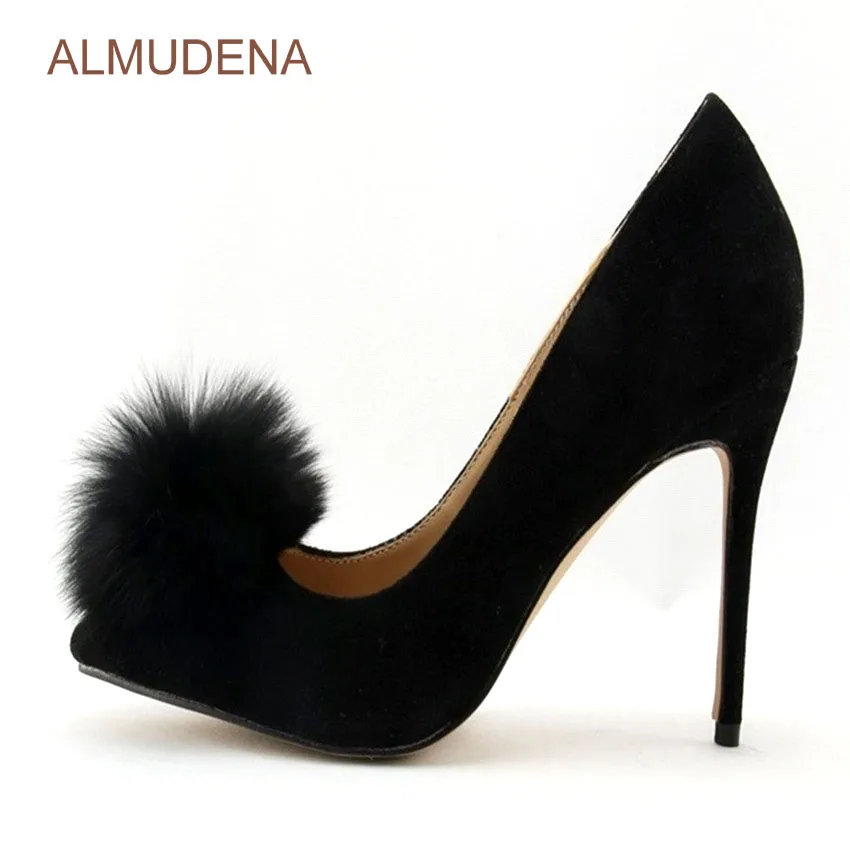 

ALMUDENA New Yesr Spring Designer Black Suede Dress Shoes Pointed Toe Pom Pom Pumps Sweet Fur Decorated Girls' Gladiator Shoes
