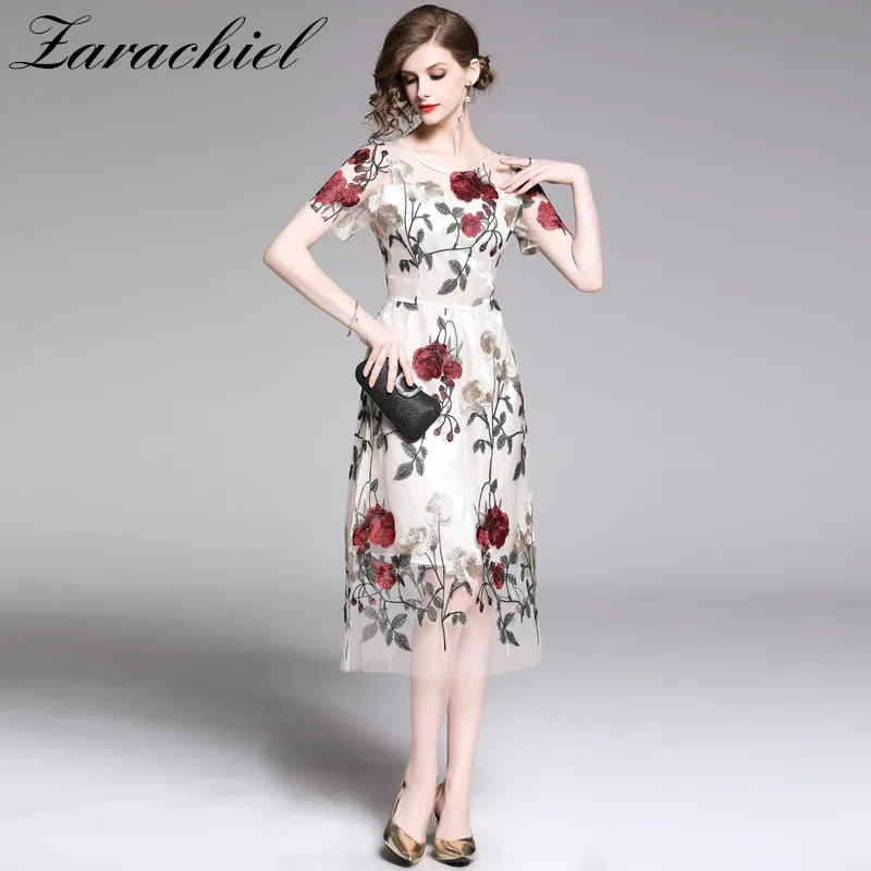 

Luxury Floral Leaves Embroidery Dress New 2019 Summer Fashion Designer Elegant Flower Sheer Mesh Slim Women Vintage Midi Dress