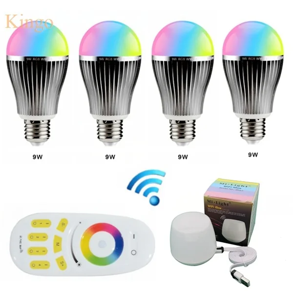 

NEW Mi light 4PCS 9W Brightness adjust Bulbs RGBW RGBWW with Wireless Wifi Controller Box +Mi.light 4-zone RGBW RF Controller