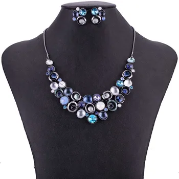 

MS1505059 Fashion Jewelry Sets Blue Green Crystal Pendant Necklace Earring Set High Quality Lead&Nickle Free Choker Necklace