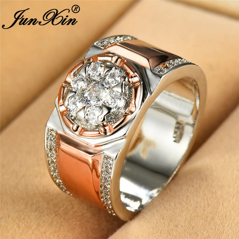 

JUNXIN Female Male White Snowflake Rings For Women 925 Silver Rose Gold Filled Engagement Couple Ring Men Wedding Bands Jewelry