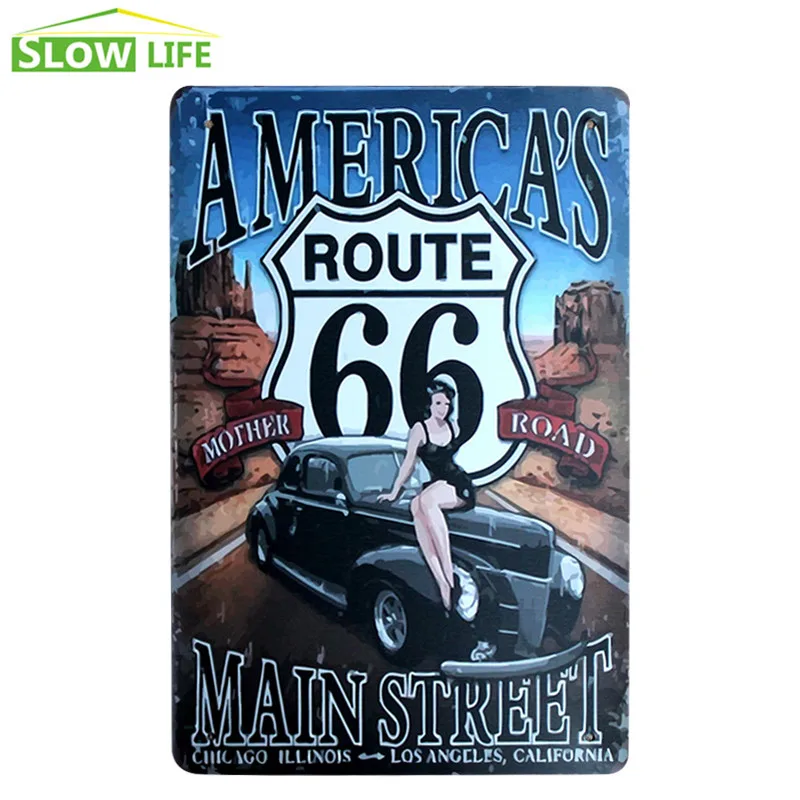Route 66 мотоцикл металлическая жестяная вывеска Настенный декор Оловянная